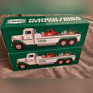 (2) 2022 Hess Flatbed Toy Truck with (2) Hot Rods has 42 Lights &  Sounds